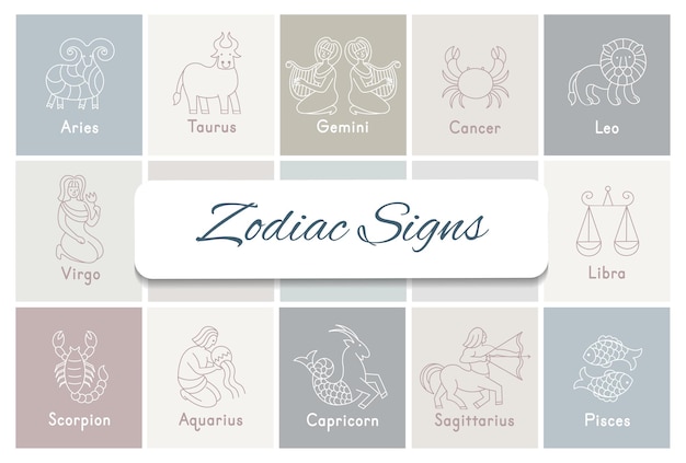 Conjunto de iconos de signos del zodíaco. aries, tauro, géminis, cáncer, leo, virgo, libra, escorpio, sagitario, acuario, capricornio, piscis. en estilo de línea de dibujos animados.