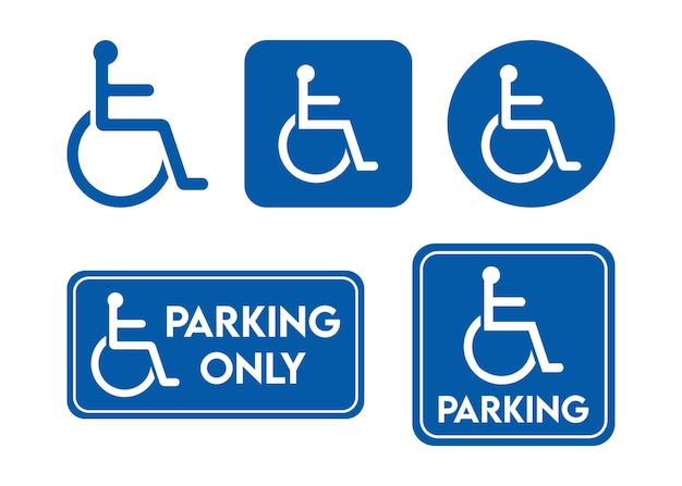 Conjunto de iconos de sillas de ruedas Sellos de estacionamiento solo para discapacitados o accesibilidad para aplicaciones web e impresas
