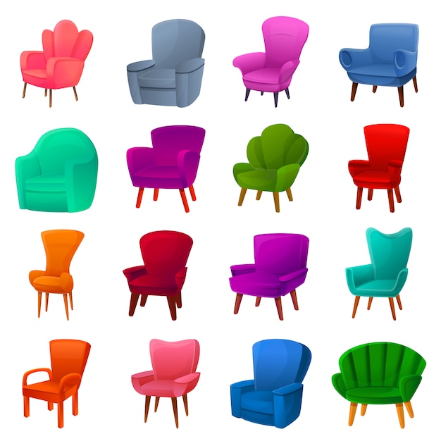 Conjunto de iconos de sillón, estilo de dibujos animados