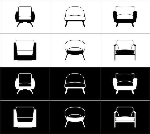 Conjunto de iconos de sillón ilustración vectorial colores blanco y negro