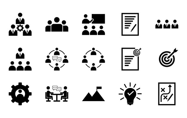conjunto de iconos de silueta conjunto de bysubess Icon vector administrar equipo de capacitación empleado del proyecto