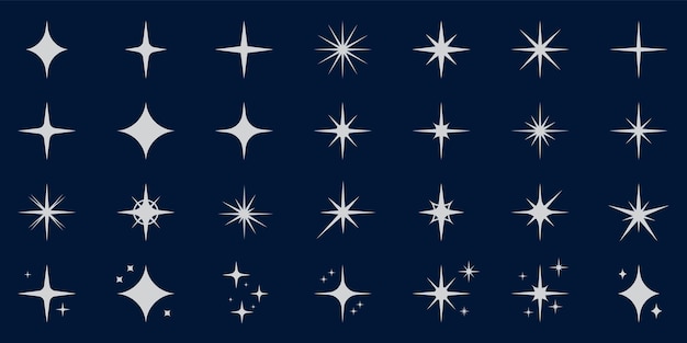 Conjunto de iconos de silueta de estrella de plata brillante Colección de pictogramas de estrellas de destello de chispa brillante Ráfaga de brillo