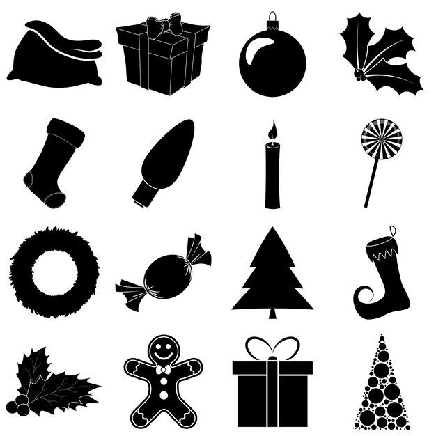 Conjunto de iconos de silueta navideña Colección de símbolos de vacaciones de diciembre negro Ilustración en blanco y negro aislada sobre fondo blanco
