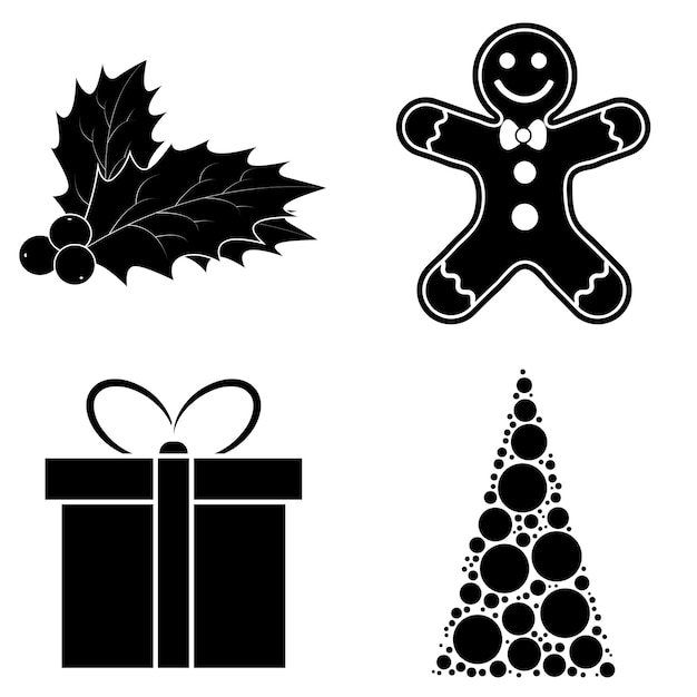 Conjunto de iconos de silueta navideña Colección de símbolos de vacaciones de diciembre negro Ilustración en blanco y negro aislada sobre fondo blanco