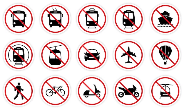 Conjunto de iconos de silueta negra de transporte de prohibición. vehículo prohibido coche, tren, bicicleta, trolebús, autobús lanzadera