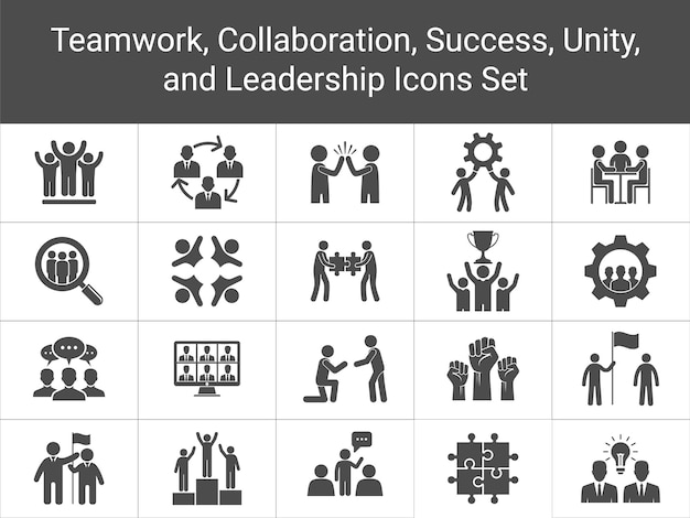 Conjunto de iconos de silueta relacionados con el trabajo en equipo Colaboración Asociación Juntos Liderazgo, etc.