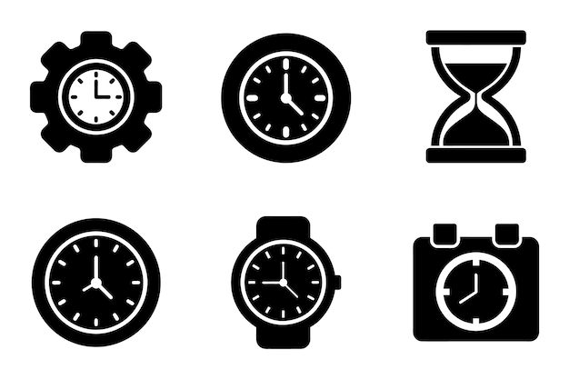 Conjunto de iconos de silueta de reloj de tiempo aislados con ilustración vectorial de contorno plano