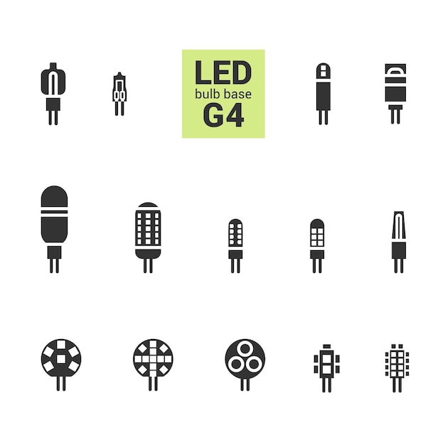 Conjunto de iconos de silueta vectorial de bombillas G4 de luz LED