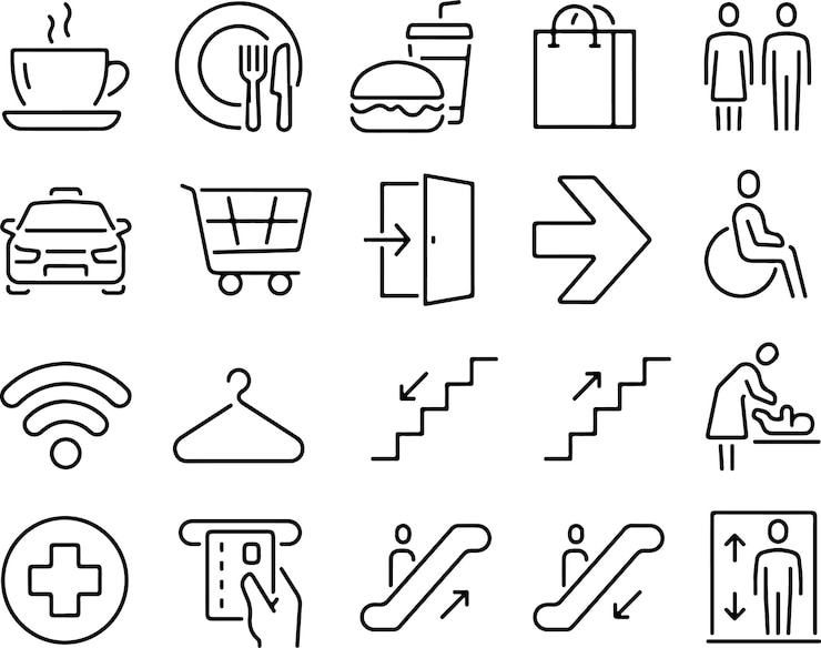 Vector conjunto de iconos de símbolos de centros comerciales patio de comidas escaleras estacionamiento wifi pago ascensor baño baño