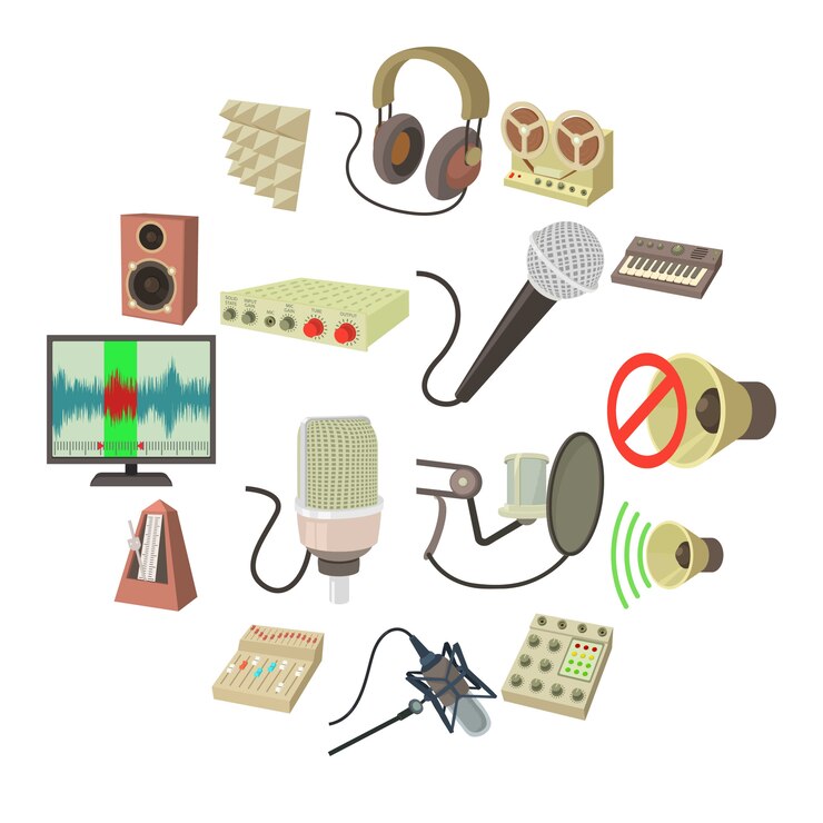 Vector conjunto de iconos de símbolos de estudio de grabación, estilo de dibujos animados
