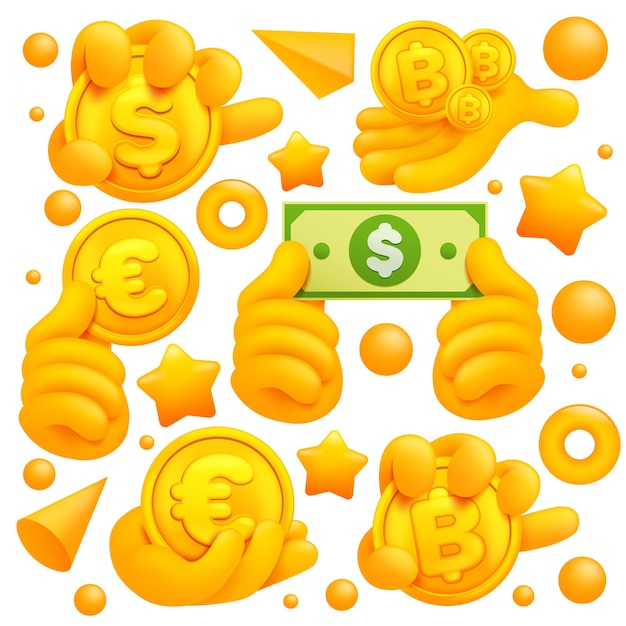 Conjunto de iconos y símbolos de mano emoji amarillo. dólar, euro signos de monedas de oro bitcoin.