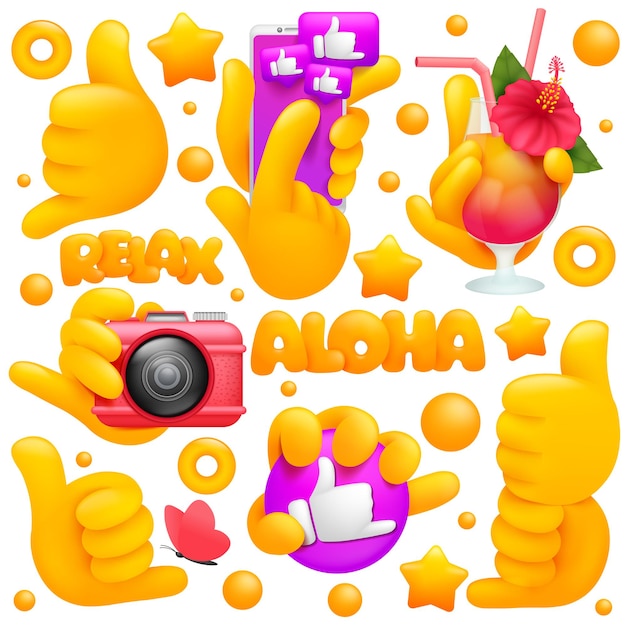 Conjunto de iconos y símbolos de mano emoji amarillo. smartphone, cóctel tropical, cámara, signos de shaka.