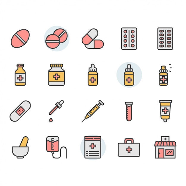 Conjunto de iconos y símbolos relacionados con la medicina