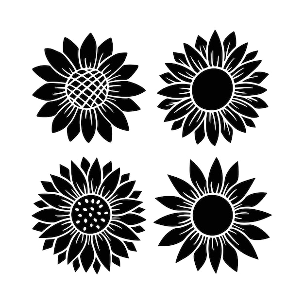 Conjunto de iconos simple de girasol. Ilustración de vector de silueta de flor. Colección de logotipo gráfico de girasol, icono dibujado a mano para embalaje, decoración. Marco de pétalos, silueta negra aislada sobre fondo blanco.