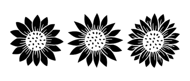 Conjunto de iconos simple de girasol. Ilustración de vector de silueta de flor. Colección de logotipo gráfico de girasol, icono dibujado a mano para embalaje, decoración. Marco de pétalos, silueta negra aislada sobre fondo blanco.