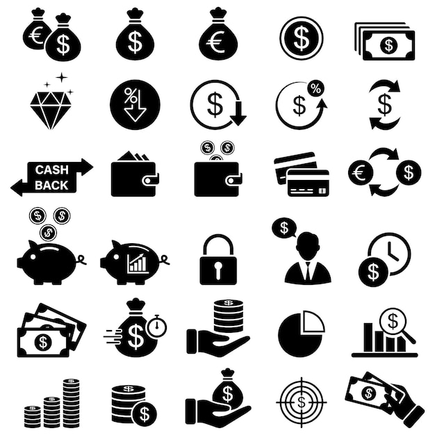 Vector conjunto de iconos simples de finanzas y dinero. mano con monedas, tarjeta de crédito, billetera, colección de iconos de cajeros automáticos.