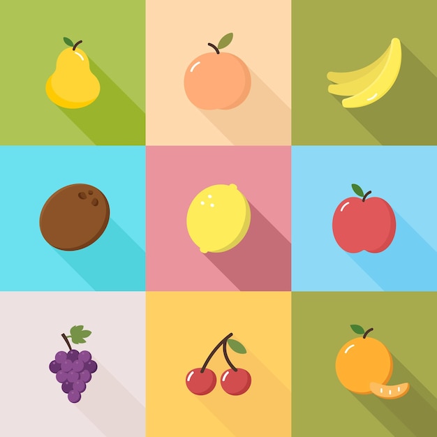 Un conjunto de iconos simples con frutas y bayas con sombras El concepto de una dieta adecuada y saludable Vector