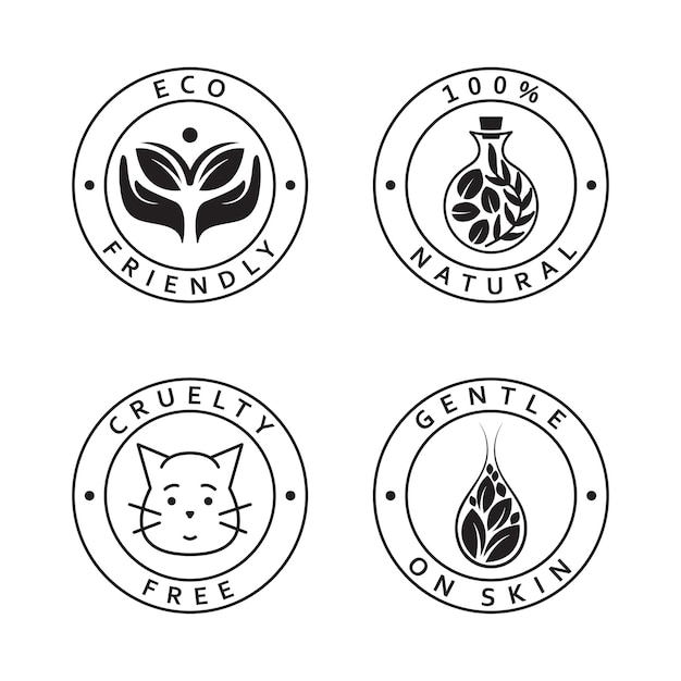 Conjunto de iconos simples Respetuoso con el medio ambiente natural libre de crueldad y suave en los iconos de la piel