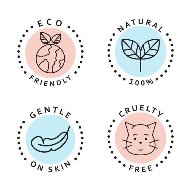 Conjunto de iconos simples Respetuoso con el medio ambiente natural libre de crueldad y suave en los iconos de la piel