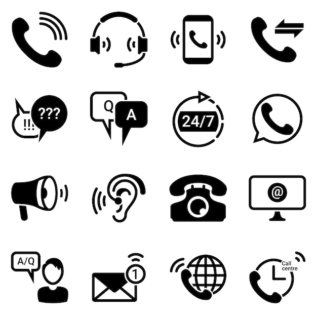 Conjunto de íconos simples sobre un tema Servicio de soporte técnico preguntas respuestas oficina de comunicación marketing en Internet conjunto vectorial de publicidad Íconos negros aislados contra fondo blanco