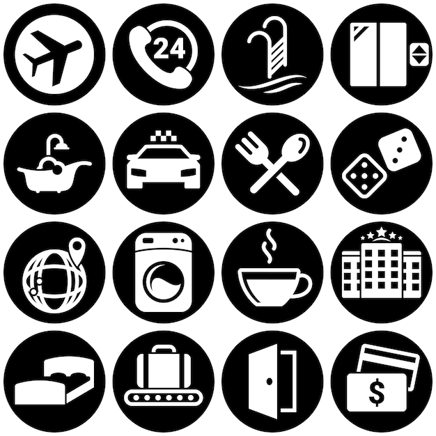 Conjunto de iconos simples en un tema Colección de diseño vectorial de hoteles Signo plano Símbolo elemento Ilustración de objeto Fondo blanco