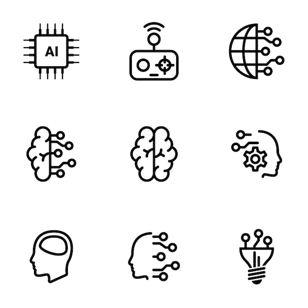 Conjunto de íconos simples en un tema Conjunto vectorial de tecnología mental de inteligencia artificial Fondo blanco
