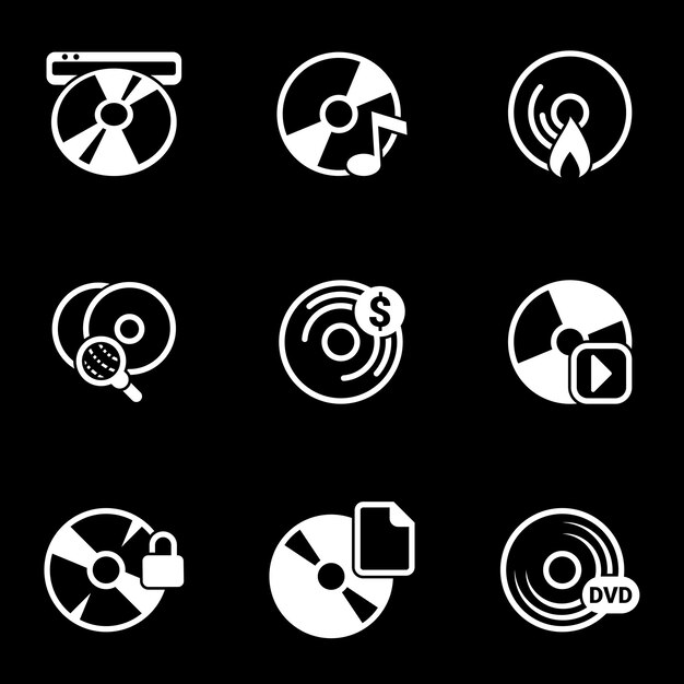 Conjunto de iconos simples en un tema Disco de grabación DVD CD conjunto vectorial Fondo negro