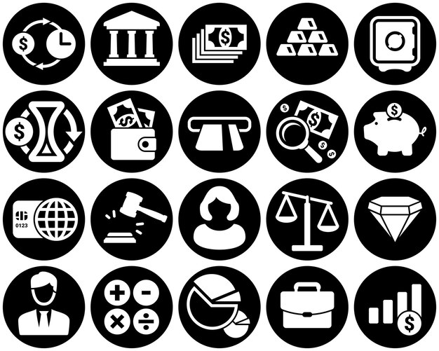 Conjunto de iconos simples en un tema Finanzas dinero banco diseño vectorial colección signo plano símbolo elemento objeto ilustración fondo blanco