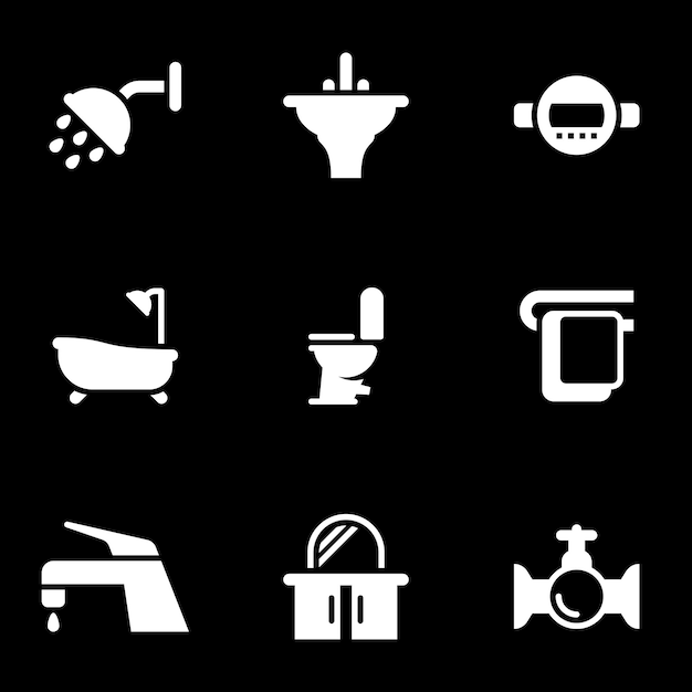 Conjunto de iconos simples en un tema Plomería ducha baño comodidad baño conjunto vectorial fondo negro