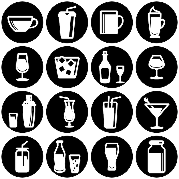 Conjunto de iconos simples en un tema Restaurante alcohol platos de vidrio bebidas barra frío caliente fuerte conjunto vectorial fondo blanco
