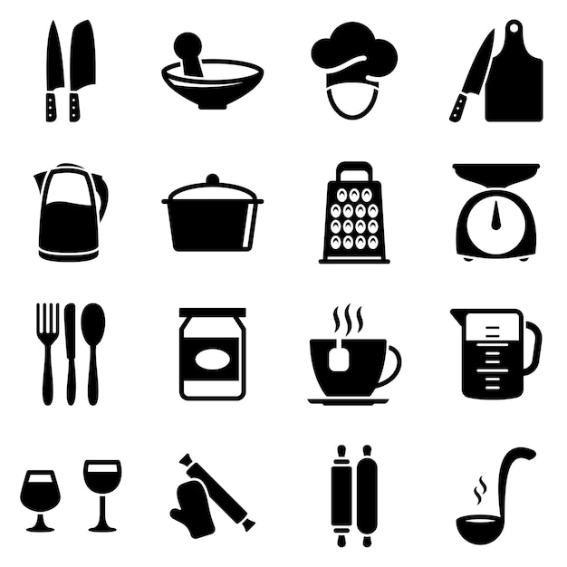 Conjunto de iconos simples en un tema utensilios de cocina