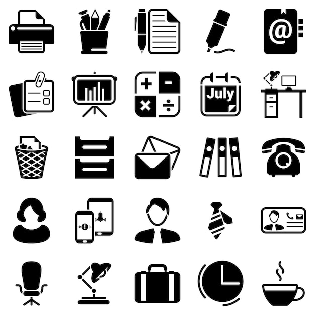 Conjunto de íconos simples en un tema workspacetime Tabla de trabajo gráfica espacio de trabajo de negocios diseño vectorial señal plana símbolo objeto ilustración Íconos negros aislados contra fondo blanco
