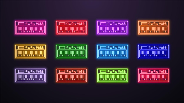Vector un conjunto de iconos de sintetizador de neón o piano en diferentes colores sobre un fondo oscuro