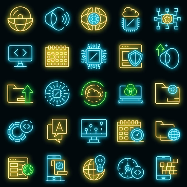Conjunto de iconos de sistema operativo. Esquema conjunto de iconos de vector de sistema operativo color neón en negro