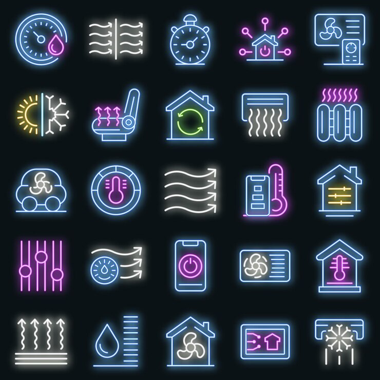 Vector conjunto de iconos de sistemas de control de clima. esquema conjunto de iconos vectoriales de sistemas de control climático color neón en negro