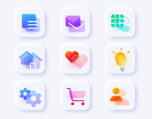 Vector conjunto de iconos de sitios web en estilo glassmorphism