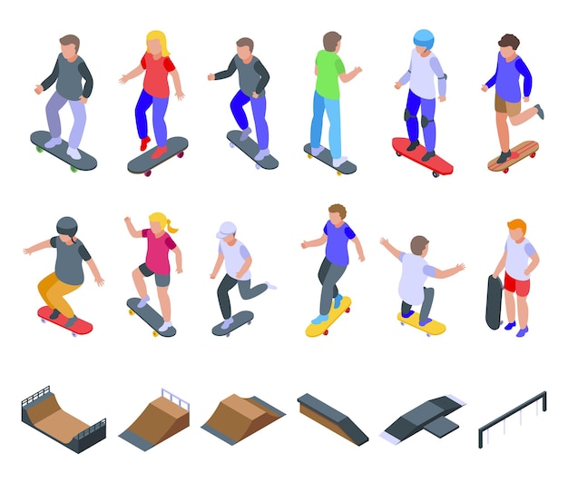 Conjunto de iconos de skate para niños. Conjunto isométrico de iconos de patinaje infantil para web