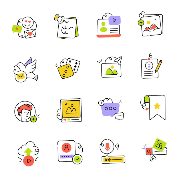 Conjunto de iconos sketchy de contenido multimedia