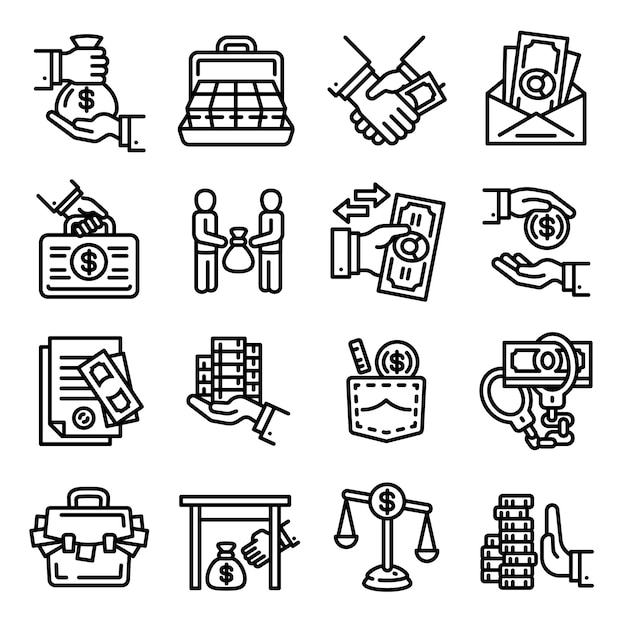 Conjunto de iconos de soborno. Conjunto de esquema de iconos de vector de soborno para diseño web aislado