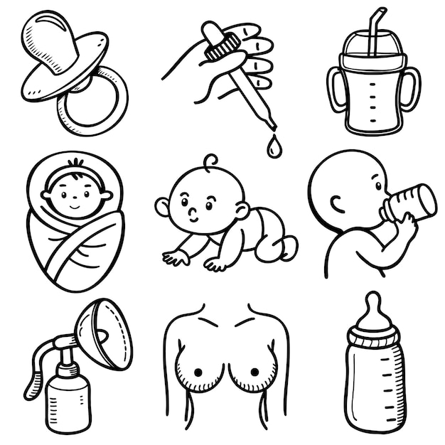 Conjunto de iconos sobre fondo blanco sobre el tema de la lactancia materna y la alimentación del bebé