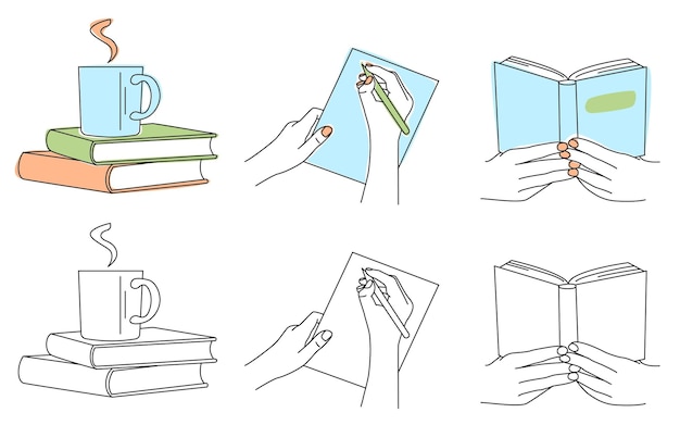 Conjunto de iconos sobre lectura y escritura en ilustración vectorial lineal