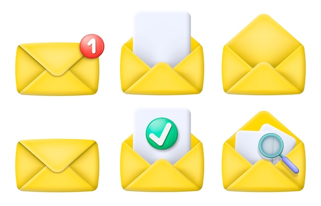 Conjunto de iconos de sobres de correo 3d con marcador nuevo mensaje Ilustración vectorial
