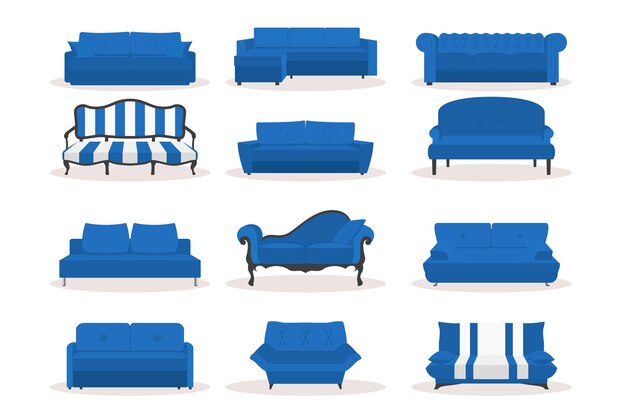 Conjunto de iconos de sofá de oficina de lujo de cuero azul diferente vectorial en estilo plano aislado en blanco Bsckground Plantillas de estilo clásico retro moderno simple para diseño de interiores Sala de estar