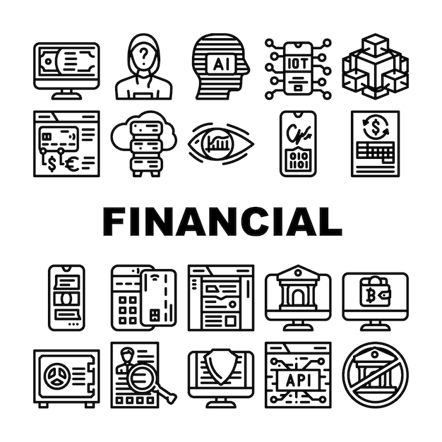Conjunto de iconos de software y tecnología financiera Vector Api e Iot Tecnología financiera Banco en línea y pago con tarjeta de crédito Pos Terminal Dinero y Cripto Moneda digital Ilustraciones de contorno negro