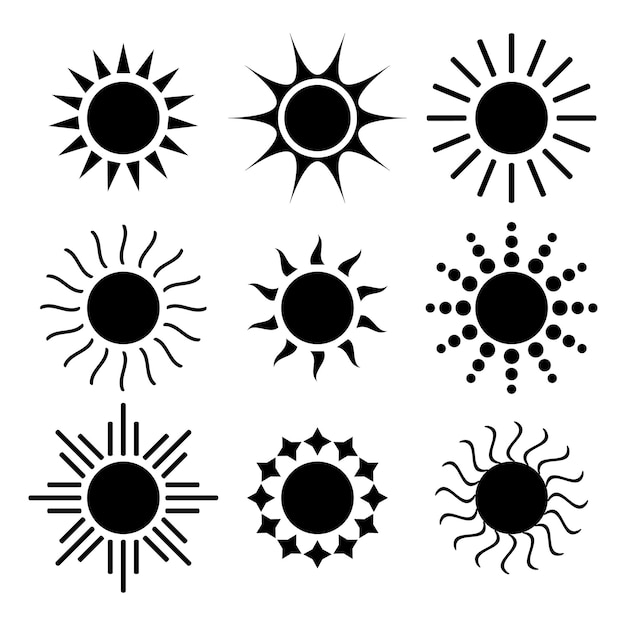 Conjunto de iconos de sol aislado sobre fondo blanco