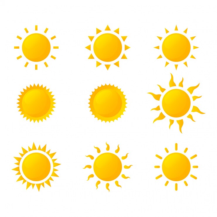 Conjunto de iconos de sol aislado sobre fondo blanco.