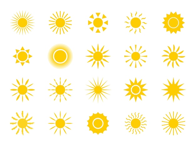 Conjunto de iconos de sol Colección de soles amarillos