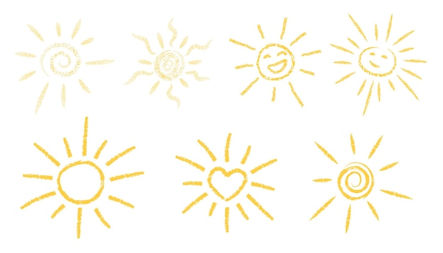 Conjunto de iconos de sol dibujados en un fondo transparente Elementos de efecto tiza para la ilustración del diseño