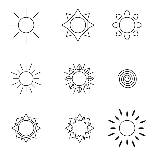 Un conjunto de iconos de sol con diferentes formas y líneas iconos de sol diferentes tipos de iconos solares