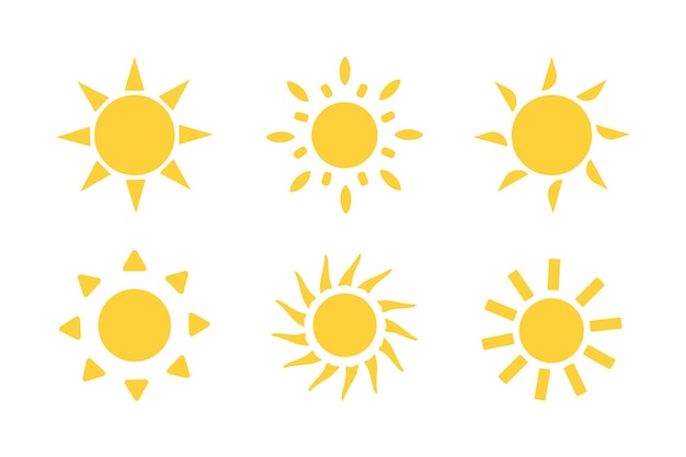 Conjunto de iconos de sol Diseño plano vectorial Colección de estrellas de sol para su uso como logotipo o icono meteorológico Amarillo